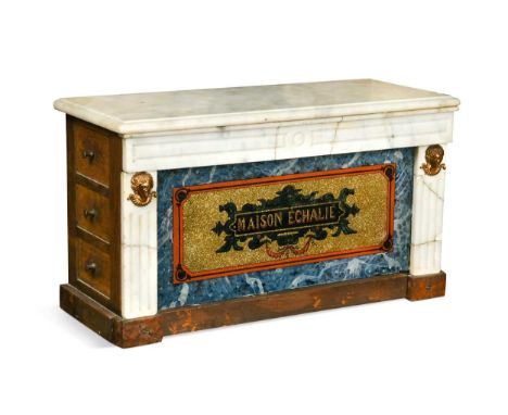 A miniature French butcher's counter, the marble top and sides above a simulated marble and aventurine included front, the si