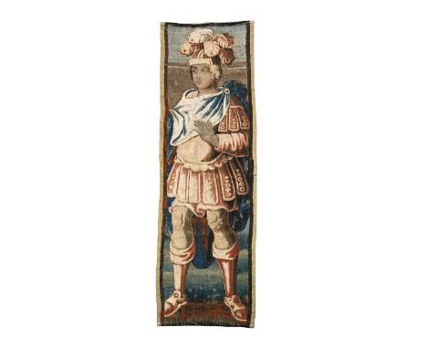 A Flemish tapestry fragment, late 17th or early 18th century, worked in polychrome thread and depicting a Greek army general,