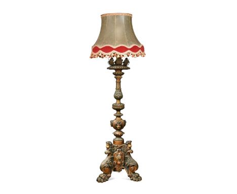 A large Venetian carved giltwood and polychromed torchere standard lamp, 19th century, decorated with acanthus leaves, dragoo