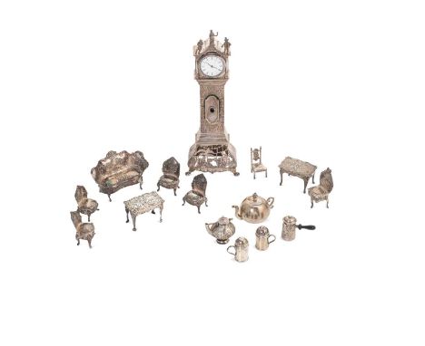 A Dutch silver miniature longcase clock, early 20th century, marked for H. Hooijkaas, with 2nd standard mark, raised on a pie