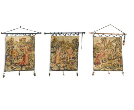 Three tapestry banners, 19th century, sewn in wool and silks with Renaissance couples with their animals in gardens before ca