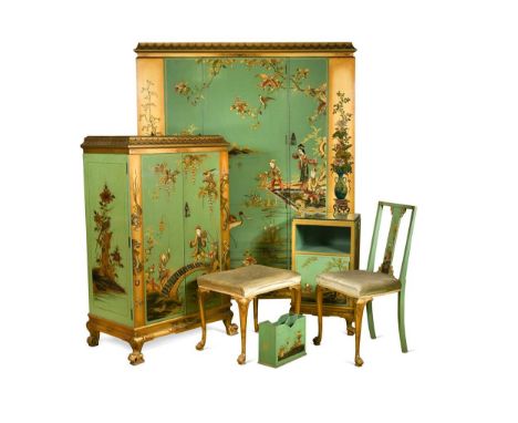 A green painted and gilt lacquer Chinoiserie decorated bedroom suite, early 20th century,  comprising dressing table, letter 