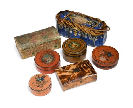 A small collection of snuff and other boxes,  comprising four cylindrical papier-mâché examples, a tortoiseshell box, a primi
