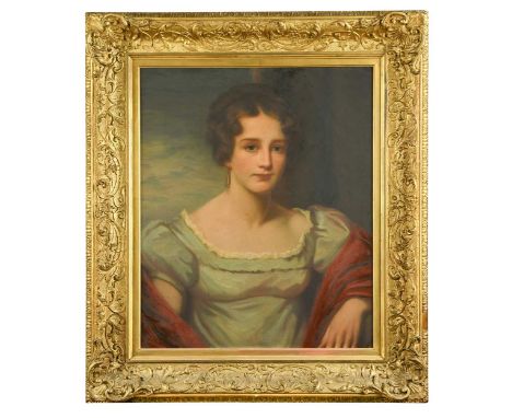 Follower of John Hoppner Portrait of a lady in a blue dress and red shawloil on canvas59 x 49cm80 x 70cm framed