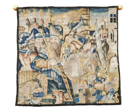 A Flemish tapestry fragment, early 17th century,  worked in polychrome thread and showing knights before battle 138 x 138cmPr