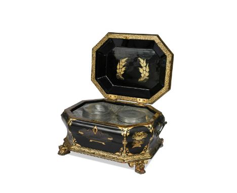 A Chinese export lacquer tea caddy, 19th century,  of rectangular bombe form, painted and gilded with vignettes and emblems o