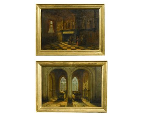 Circle of John Chase (British, 1810-1879)  Interior of the Hall of Justice, Bruges; A church interior with tombs oil on tin, 