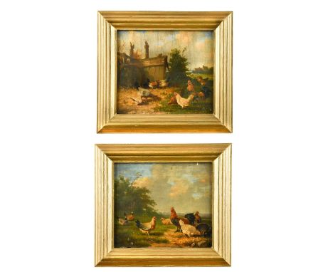 English School, 19th century A pair of oils on panel depicting chickens in rural landscapeseach signed lower left with initia