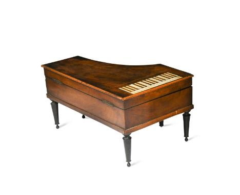 A French Palais Royale mahogany 'grand piano' musical necessaire, 19th century,  the ivory key inlaid hinged top opening to r