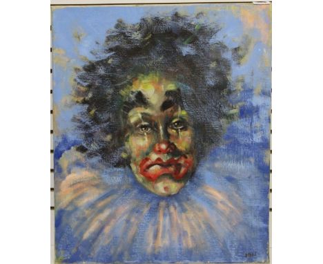 An unframed oil on canvas portrait of a clown signed J.B.N size 51 x 61