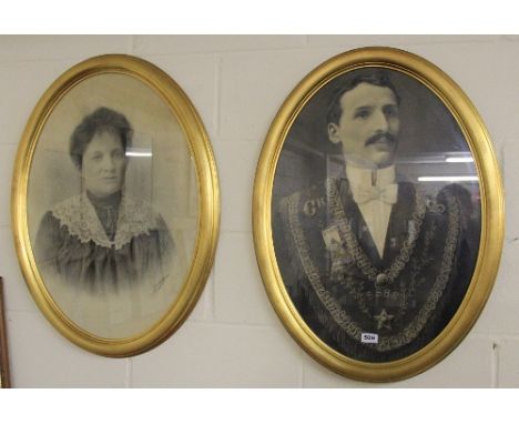 A pair of large oval gilt framed charcoal portrait sketches signed O.Baumgart 1903. 78cm x 58cm