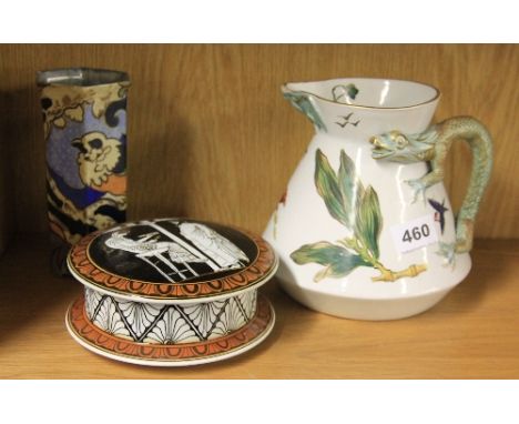 A 19th century ceramic jug with dragon handle together with Burleigh ware vase and a Greek ceramic pot
