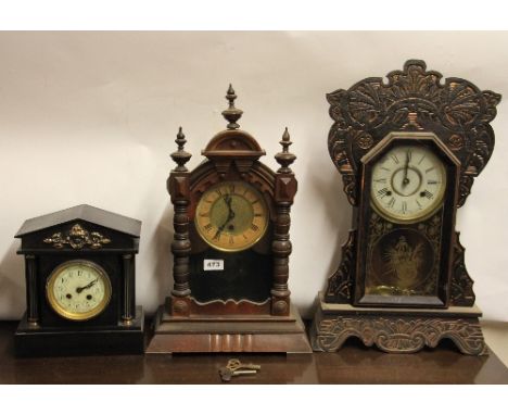 2 19th century wooden mantle clocks and a black slate mantle clock