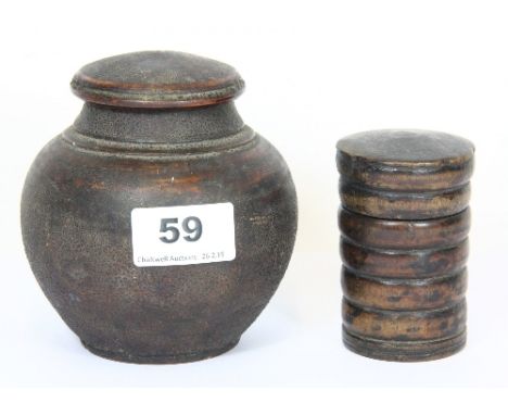 A 19th century Chinese turned wood tea caddy H11cm and a 19th century turned wooden spice box