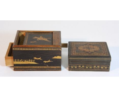 A Tunbridge inlaid cigarette box and a hunting scene inlaid box