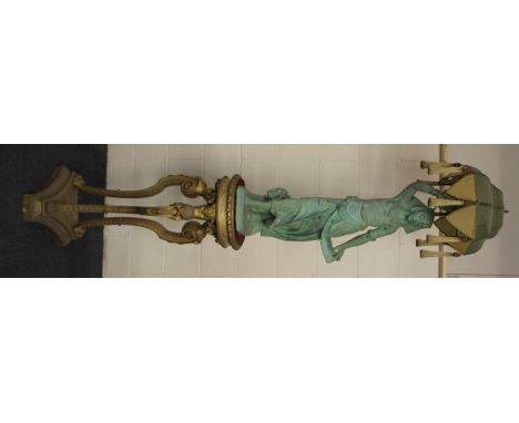 A large 1920's Egyptian style plaster lady lamp and shade H111cms together with a wood and plaster gilt pedestal H100cms