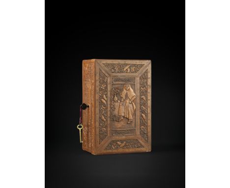 Finely carved wooden box features intricate depictions of a veiled women and architectural motifs, surrounded by floral desig