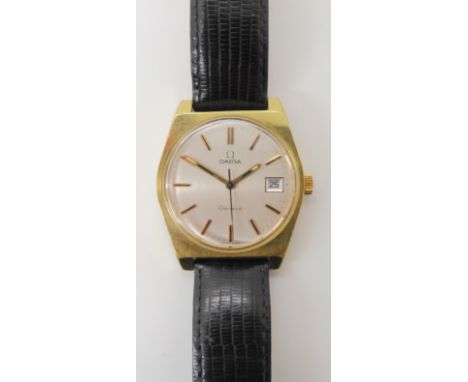 A GOLD PLATED RETRO OMEGA GENEVE with white dial, gold coloured baton numerals and hands and date aperture, diameter of the c