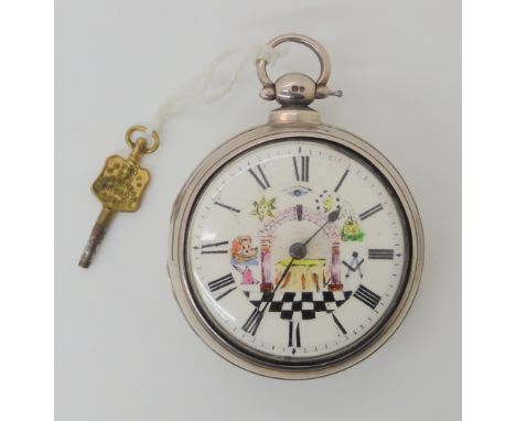 A SILVER CASED MASONIC PAIR CASED POCKET WATCH the white dial with hand painted Masonic symbols and Roman numerals, the mecha