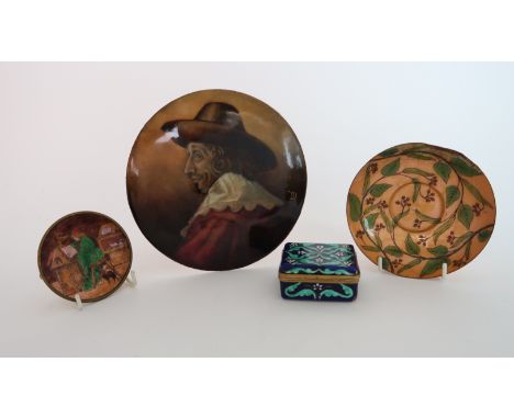 A CONTINENTAL ENAMELLED COPPER PLAQUE of domed shape, painted with a portrait of a Cavalier, initialled BD to side, 18cm diam