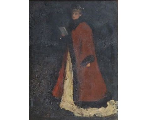 GLASGOW SCHOOL (LATE 19TH CENTURY) LADY IN A RED FUR-LINED CLOAK Oil on panel, 25.5 x 18.5cm (10 x 7 1/4") Condition Report: 