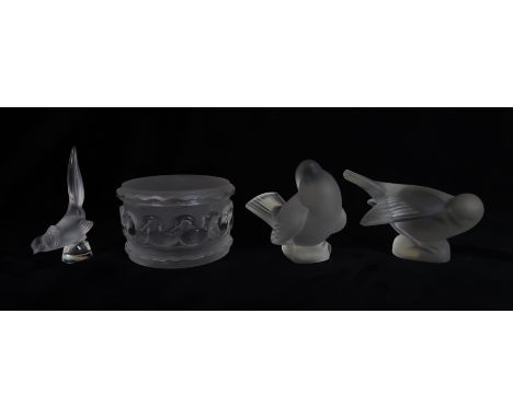A PAIR OF LALIQUE BIRDS Moineau Coquette and Moineau Moqueur, both signed and with Cristal label to tails, together with a mo