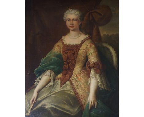 BRITISH SCHOOL (LATE18TH / EARLY 19TH CENTURY) PORTRAIT OF A SEATED LADY WITH PEARL NECKLACE HOLDING A FAN - POSSIBLY HARRIET