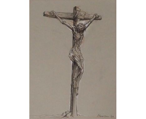 •PETER HOWSON OBE (SCOTTISH B. 1958) CHRIST CRUCIFIED Charcoal and gouache on paper, signed and dated (20)09, 28 x 21cm (11 x