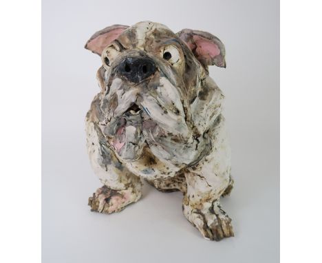 OLIVIA BROWN - A CERAMIC SCULPTURE OF A BULLDOG modelled in a sitting position, 40cm high, label to base Provenance: The Late
