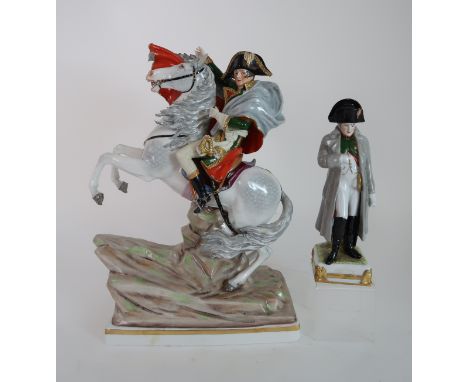 A SITZENDORF FIGURE OF NAPOLEON CROSSING THE ALPS modelled on horseback on a naturalistic base, printed mark to base, 40cm hi