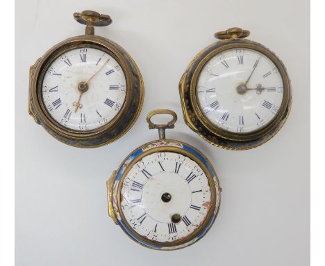 THREE PAIR CASED POCKET WATCHES (AF) A gold plated pocket watch with white enamel dial, black Roman numerals and gold coloure