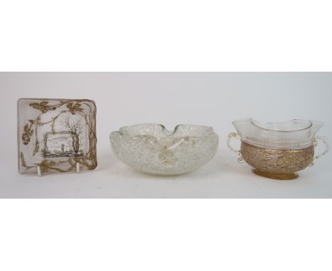 A DAUM NANCY TRINKET DISH acid etched and painted with a hunter and dog beside winter trees and scrolling gilt foliage to sur