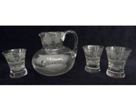 OF MASONIC INTEREST - A WINE JUG with etched vine decoration to neck, the body with Mother Kilwinning to one side and with sq
