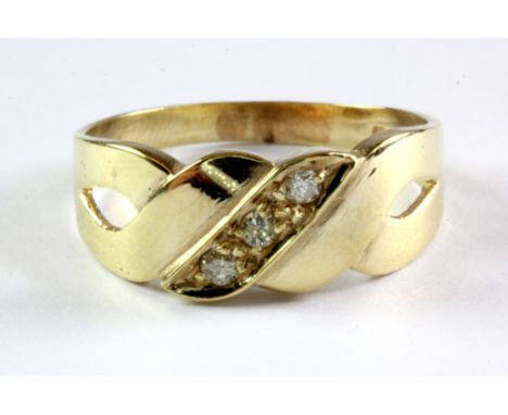 A 9ct yellow gold three diamond set ring, approx. 2.5g, (P).