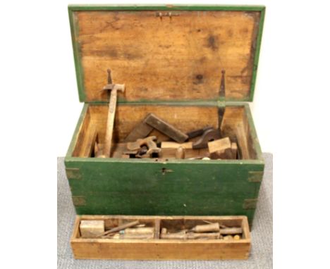 A pine chest full of old tools, 74 x 41 x 41cm.