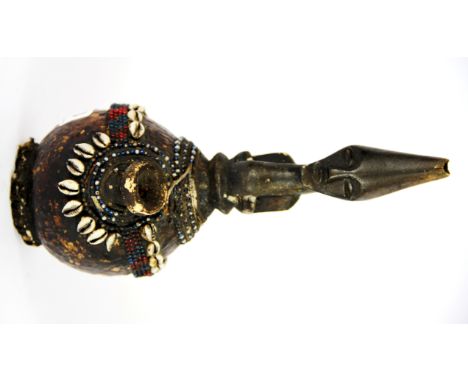 A wooden mounted and bead decorated Calabash hemp pipe (Somalia/Senegal), H. 25cm. Prov. Bynon Estate.