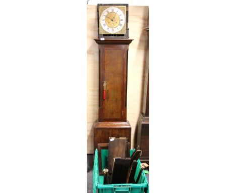 An 18th Century oak cased longcase clock with silvered brass dial by Stephenson of Congleton (damaged hood).