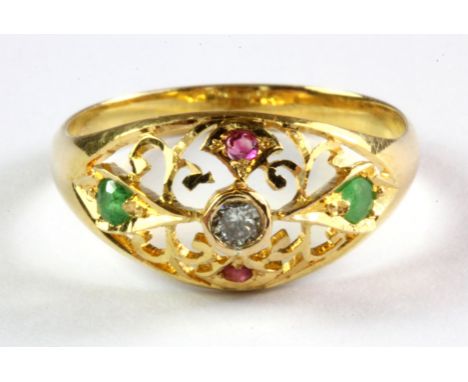 A 22ct yellow gold diamond, ruby and emerald set ring, (M).