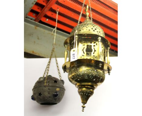 An Islamic brass lantern, L. 60cm, together with a Turkish copper lantern. Prov. Bynon Estate.