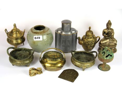A group of mixed 19th and 20th Century Chinese items including pewter tea caddy and censers etc. Prov. Bynon Estate.