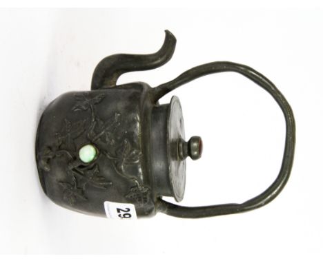 A 19th Century Chinese pewter kettle inset with jade and agate, H. 18cm.