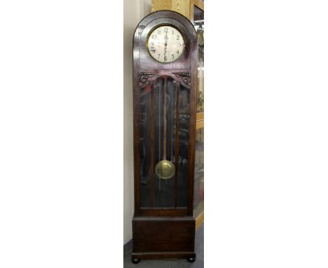 An early 20th Century oak arched longcase clock with chiming movement, W. 51cm H. 193cm, (understood to be in w/o).