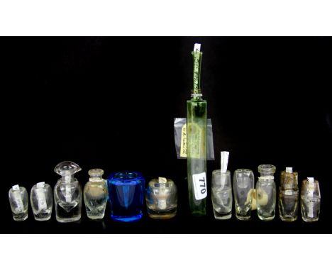 A mid-19th Century green tubular glass bottle (Holland/Belgium) and a further group of early quill pen inkwells. Prov. Bynon 