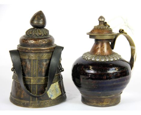 A 19th Century Tibetan ceramic, copper and brass oil lamp/ jug, together with a hammered copper and brass tsampa box, H. 15cm