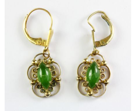 A pair of rolled gold jade set earrings, L. 3.5cm.
