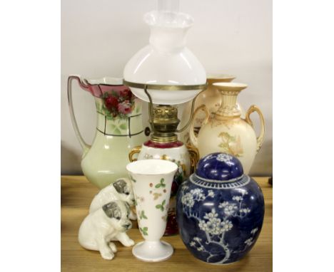 Two Edwardian vases, an oil lamp, an old Chinese ginger jar etc.