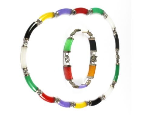 A suite of 925 silver matching bracelet and necklace set with polished coloured jade and other stones.
