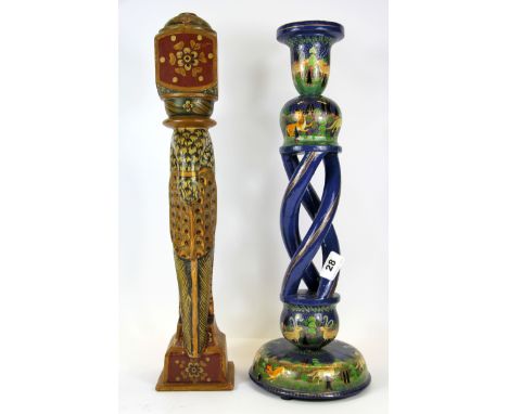 Two Eastern painted wooden peacock lamp bases, H. 46cm. Prov. Bynon Estate.