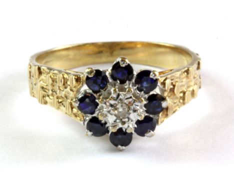 A 9ct yellow gold sapphire and diamond set cluster ring, (O).