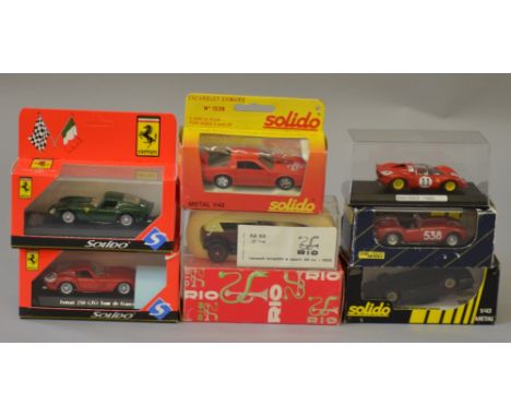 7 assorted Ferrari diecast models including Solido, Top Model and Rio, boxed.